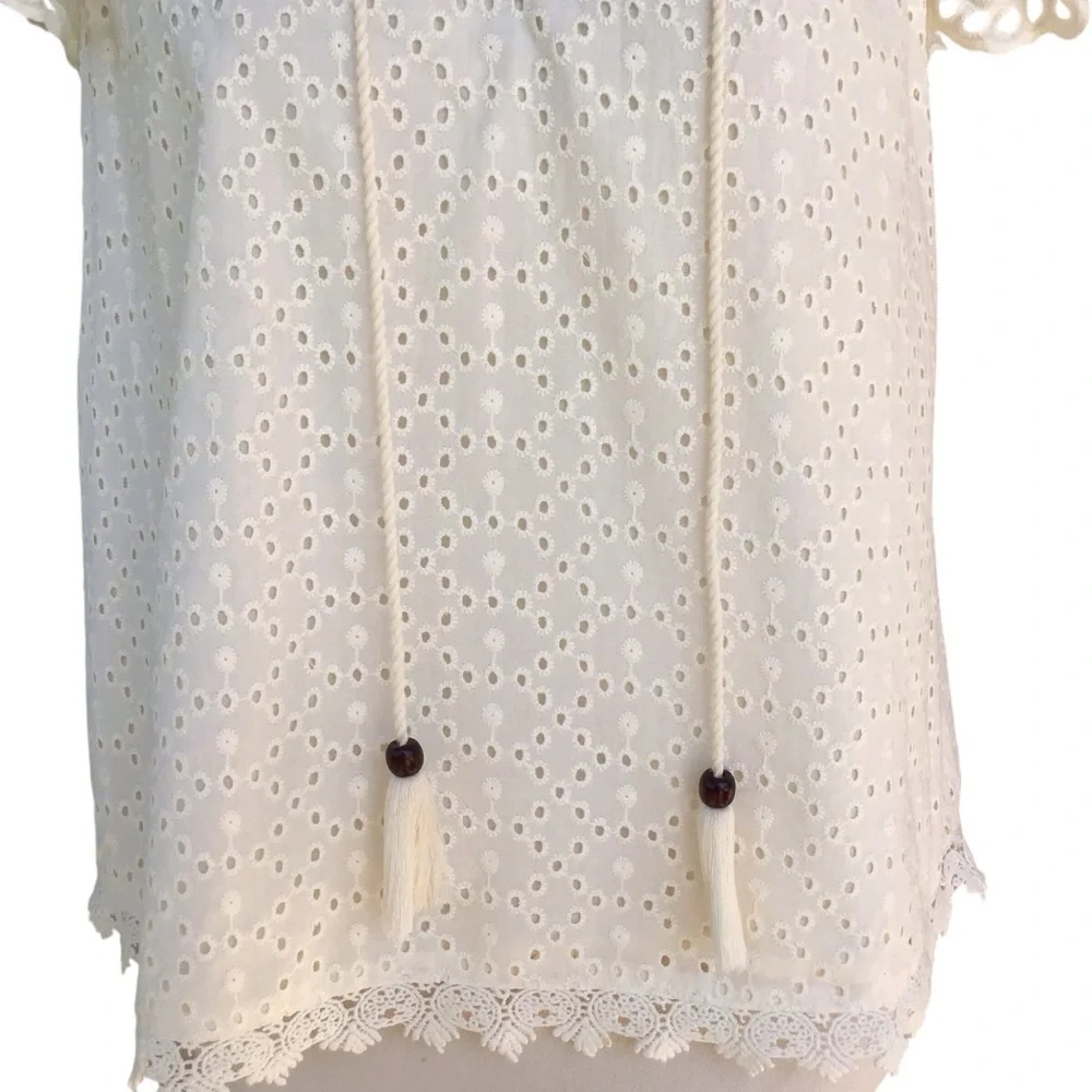 Jennifer & Grace Eyelet Crochet Trim Ruffle Sleeve Blouse in Cream - Picture 7 of 10